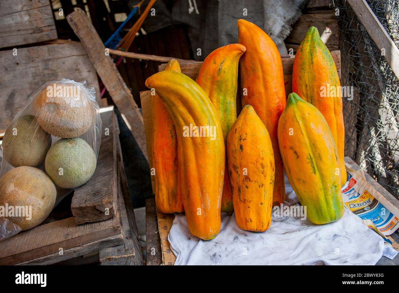 Menschen, die Papayas entlang der Transatlantischen Autobahn in Guatemala verkaufen. Stockfoto