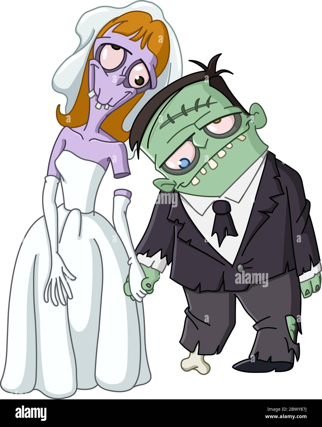 Zombie-Hochzeit. Zombie Braut und Bräutigam halten die Hände. Stock Vektor
