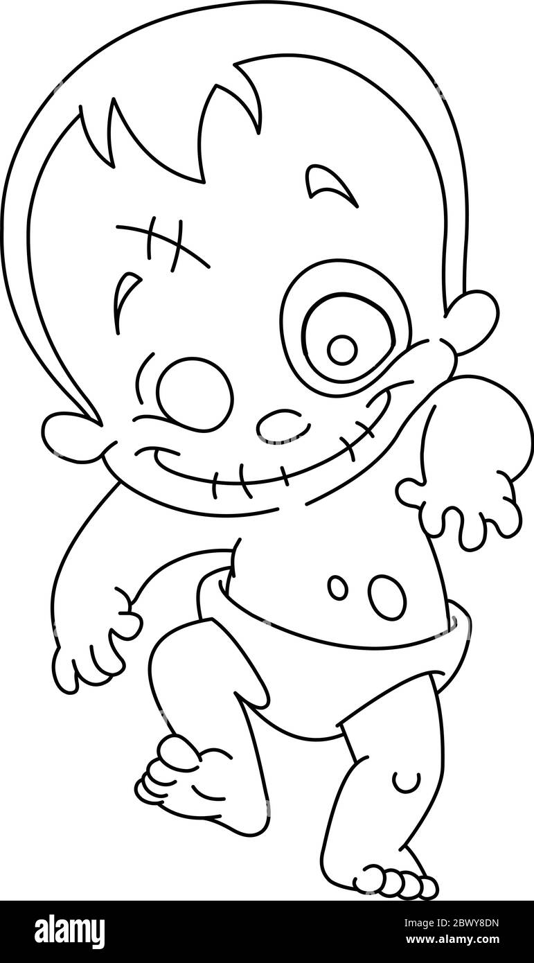 Skizziert glücklich Zombie Baby. Vektor Linie Kunst Illustration Malseite. Stock Vektor