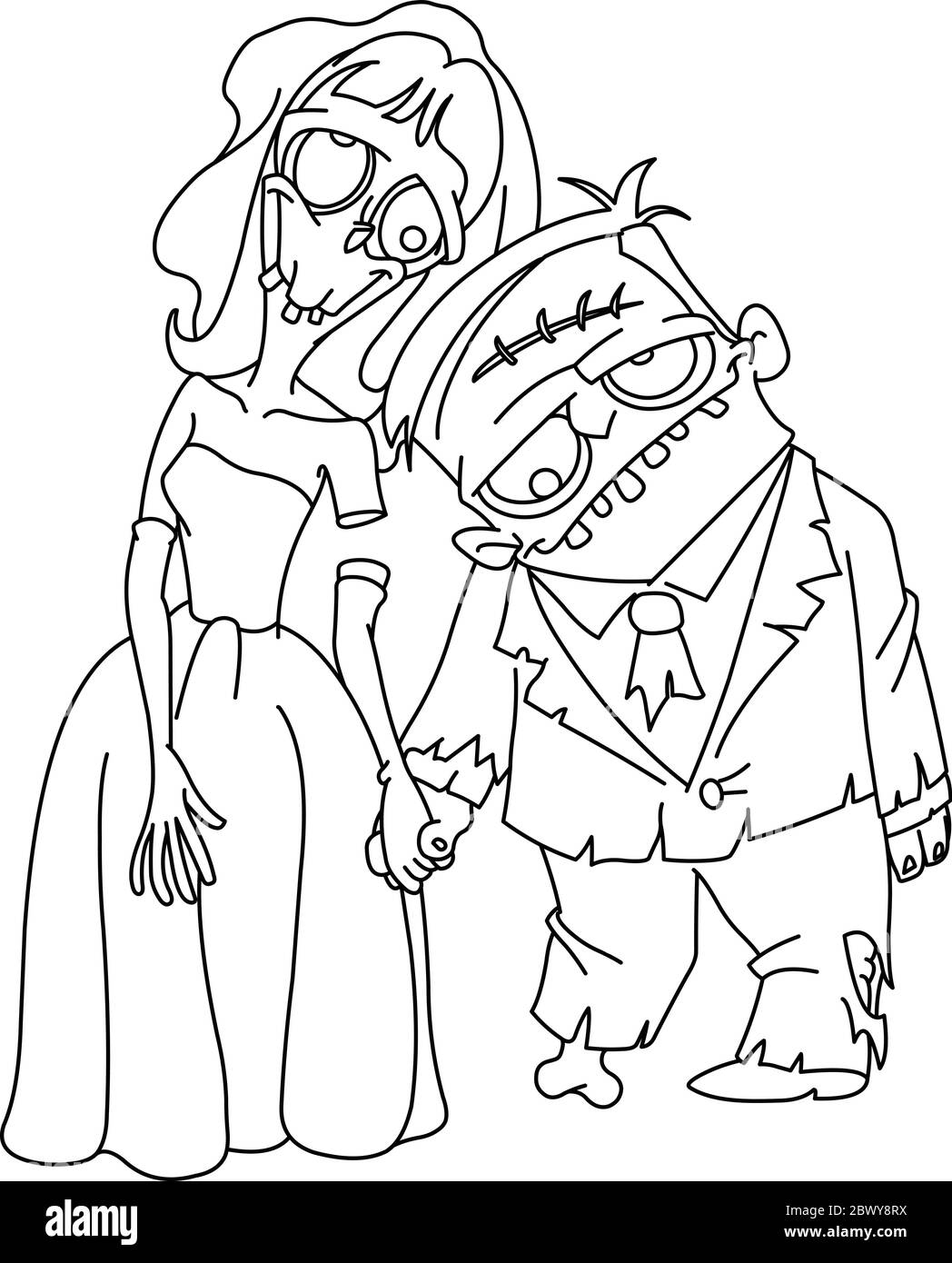 Skizzierte Zombie Hochzeit. Braut und Bräutigam mit Händen. Vektor Linie Kunst Illustration Malseite. Stock Vektor