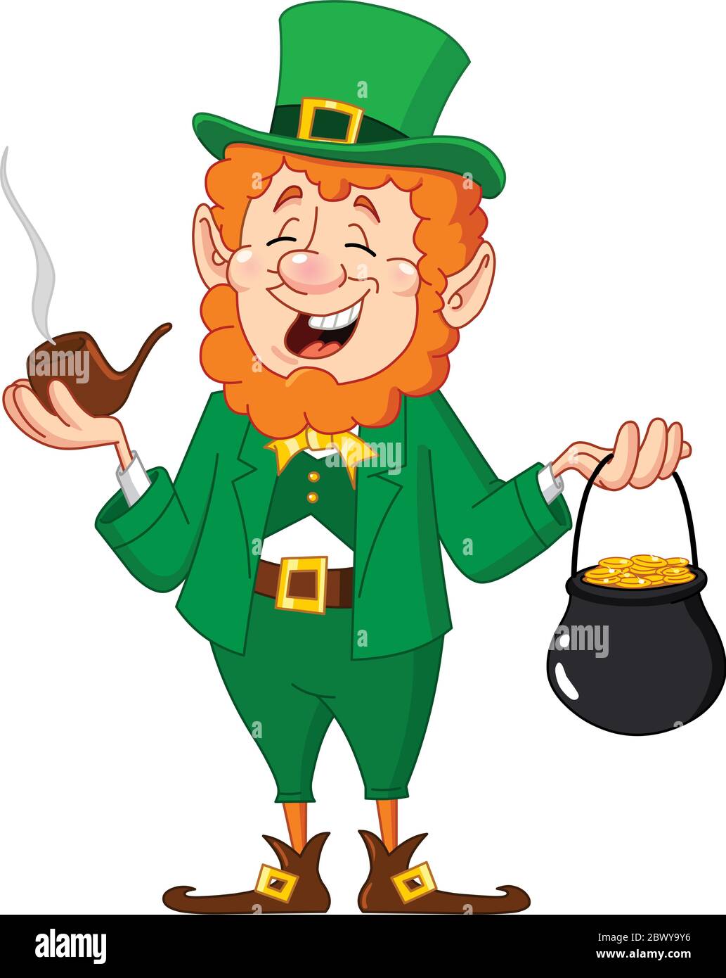 Leprechaun mit Rauchpfeife und Goldmünztopf Stock Vektor