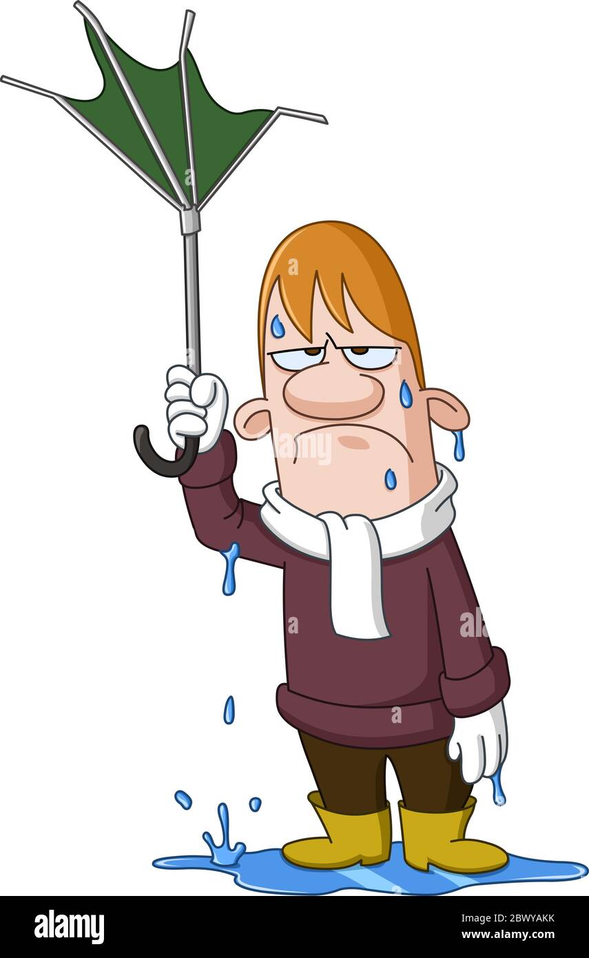 Depressiv nasser Mann, der einen zerbrochenen aufgeschlagenen Regenschirm durch den Wind hält Stock Vektor