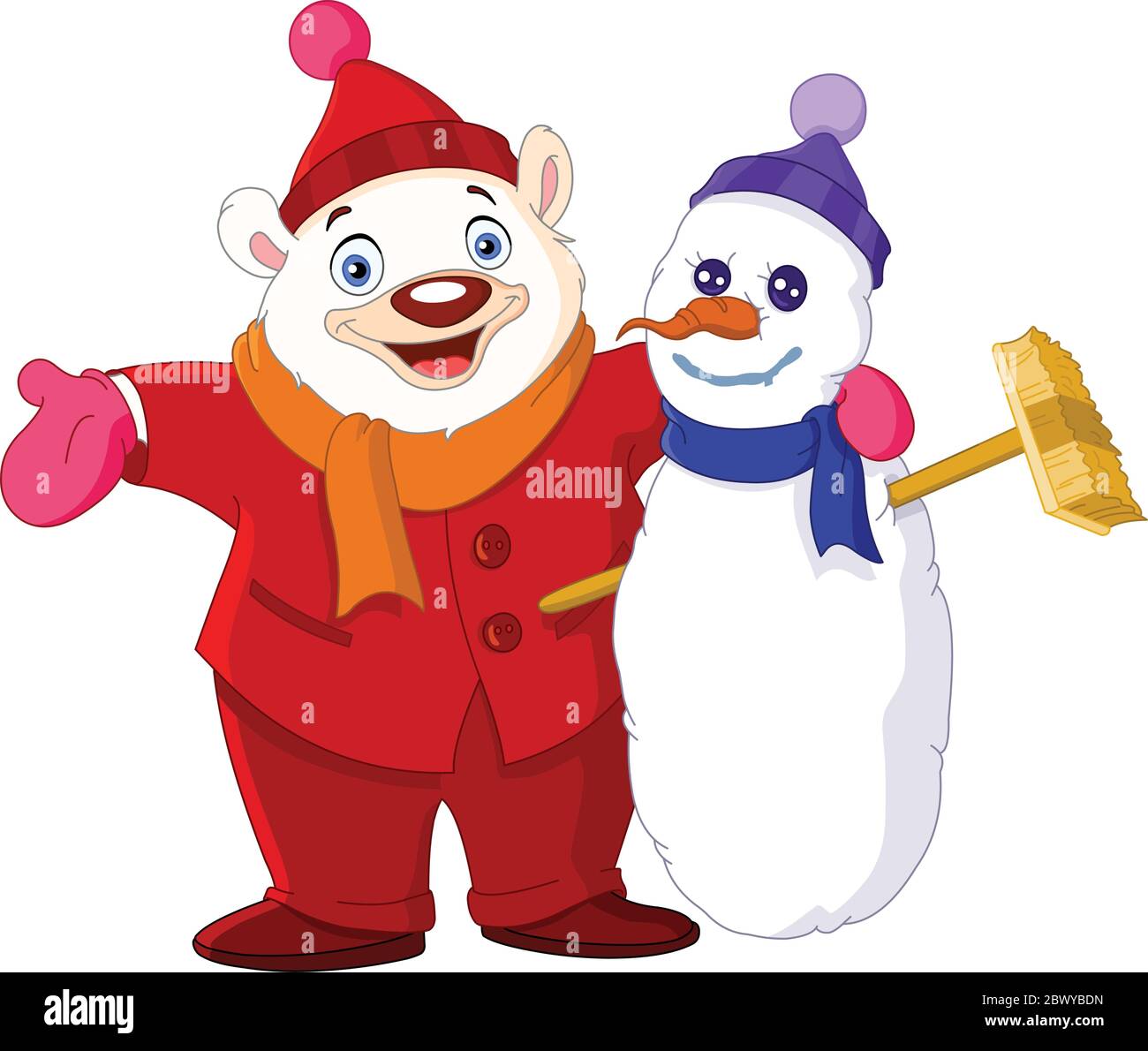 Glücklich Eisbär umarmt einen Schneemann Stock Vektor
