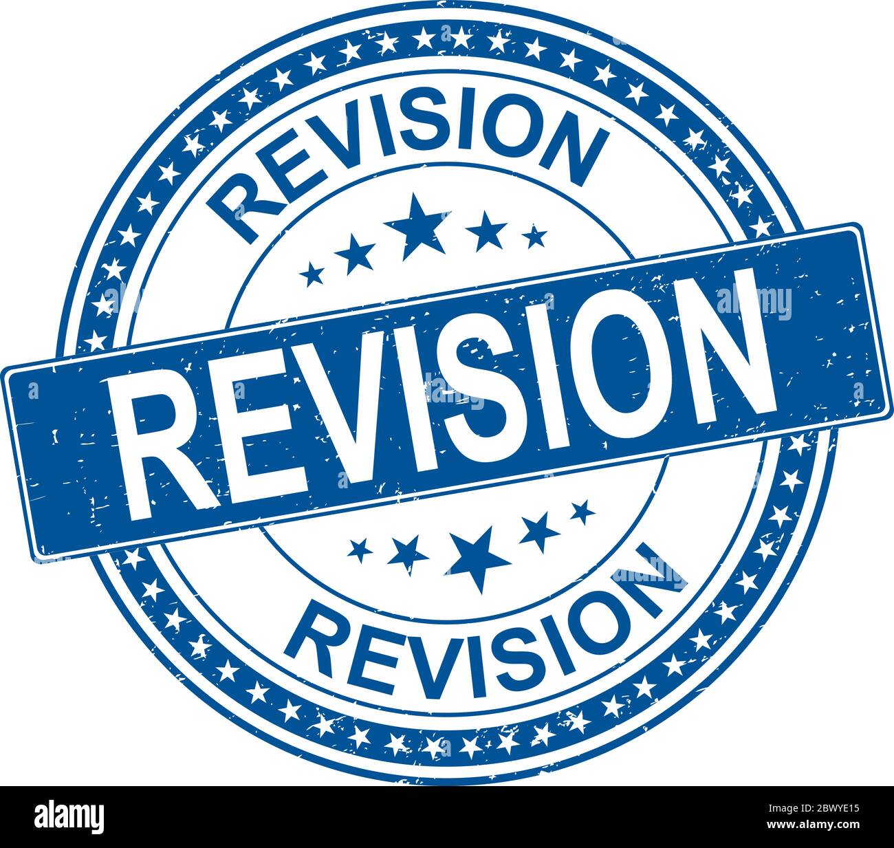 Blauer Kreis Gummi Stempel mit dem Text Revision. Revision Gummi Stempel, Etikett, Abzeichen, Logo, Siegel Stock Vektor