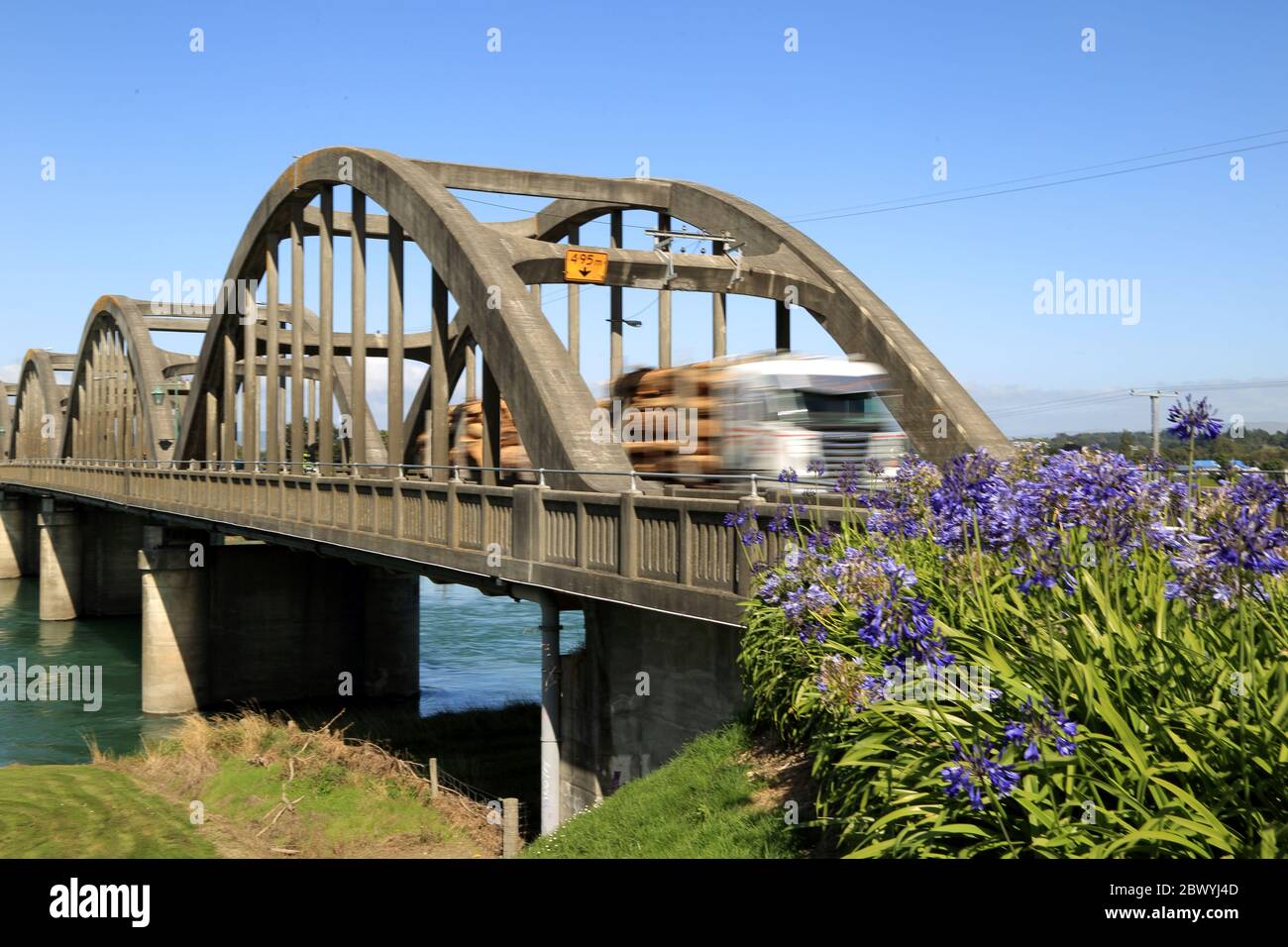 Holzfäller auf Balclutha Bridge, South Otago, Neuseeland Stockfoto