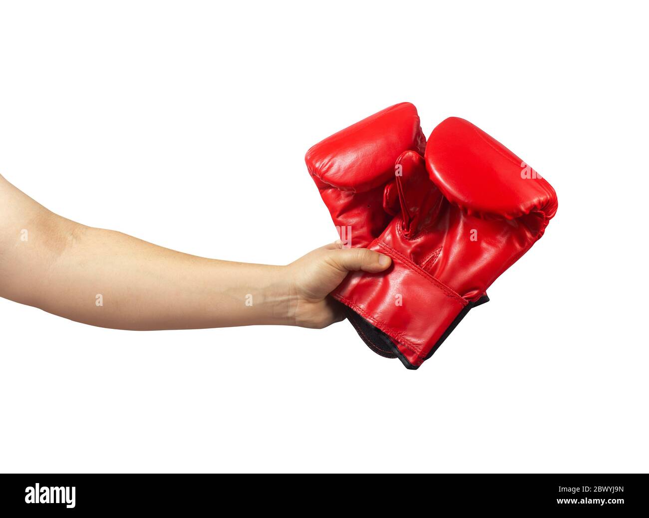 Isoliertes Foto von männlichen Hand mit roten Boxhandschuhen auf weißem Hintergrund. Stockfoto