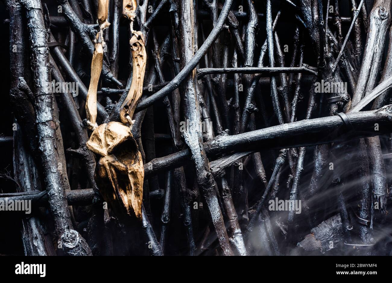 Foto eines hölzernen Vogelschädels Amulett Übergabe Zaun aus Zweigen mit Nebel. Stockfoto