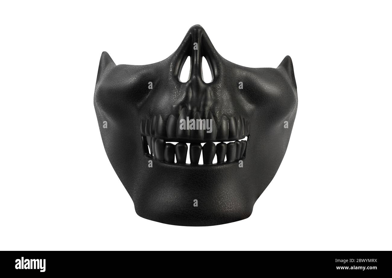 Isoliertes Foto einer schwarzen menschlichen Totenkopf Maske auf weißem Hintergrund Vorderansicht. Stockfoto