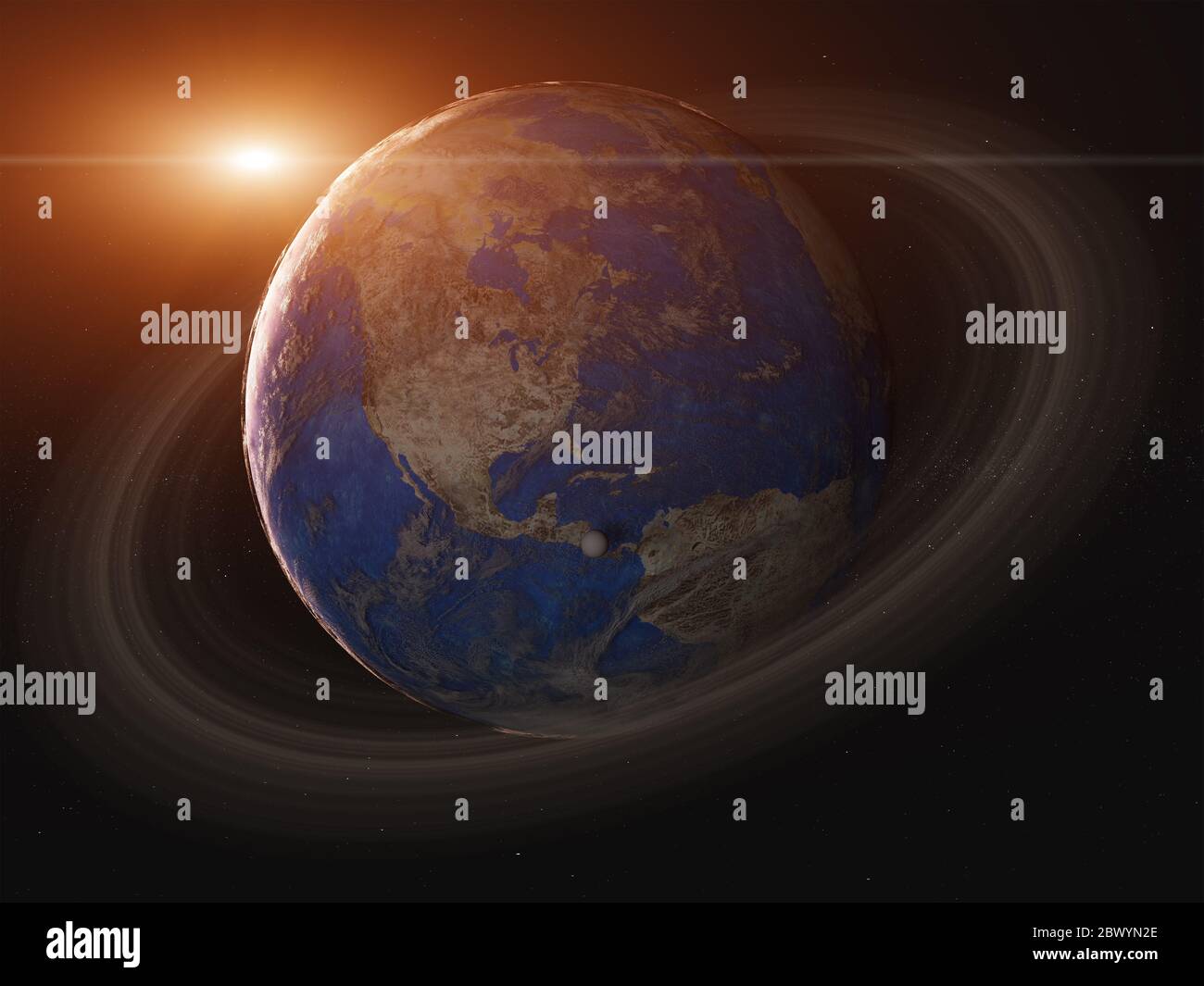 Sonnenaufgang über fantastischem Exoplanet mit Meeresoberfläche Atmosphäre und Ring im Weltraum. 3D-Rendern. Elemente dieses Bildes, die von der NASA bereitgestellt wurden. Stockfoto