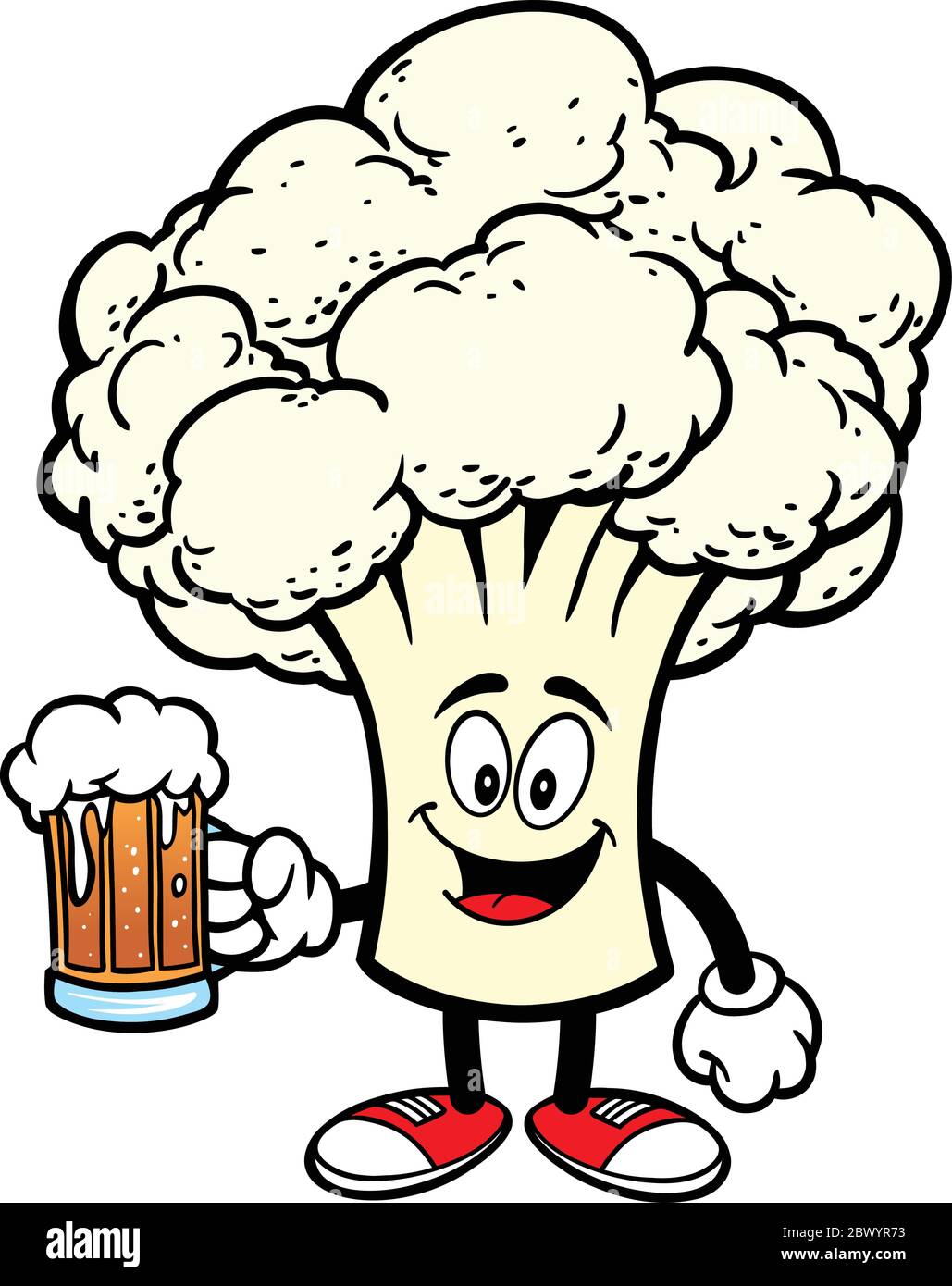 Blumenkohl-Maskottchen mit Bier - EINE Karikatur-Illustration eines Blumenkohl-Maskottchen mit einem Bier. Stock Vektor