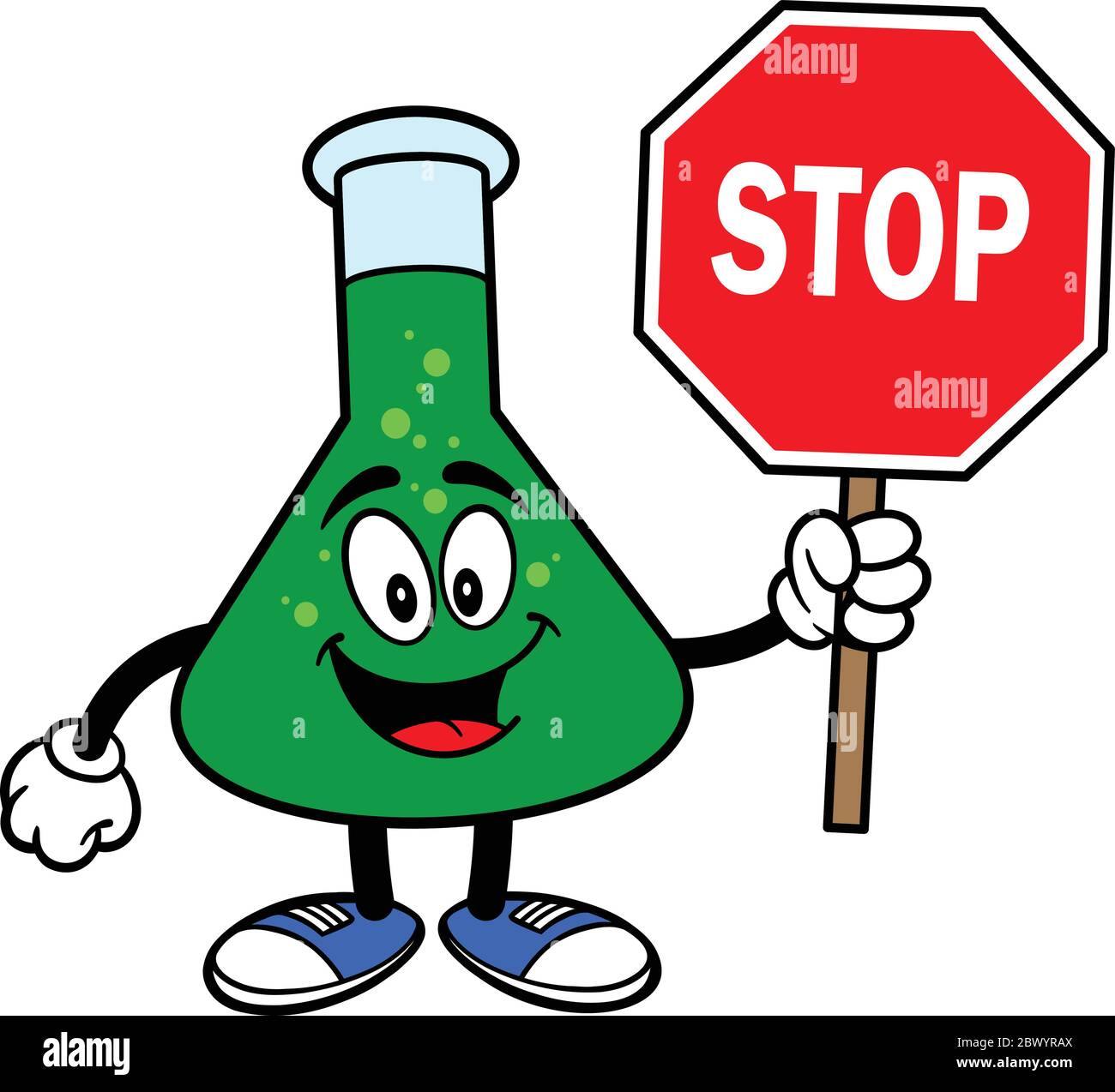 Chemistry Flask Mascot with Stop Sign EINE CartoonIllustration eines