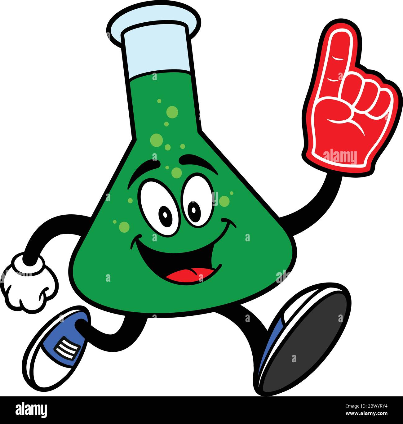 Chemistry Flask Mascot Running with Foam Finger - EINE Cartoon-Illustration eines Chemistry Flask Mascot Running with a Foam Finger. Stock Vektor