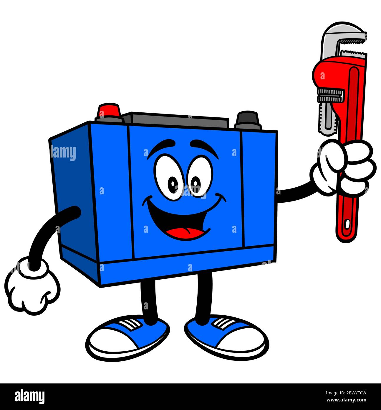 Autobatterie mit Schraubenschlüssel - EINE Cartoon Illustration einer Autobatterie mit Schraubenschlüssel. Stock Vektor