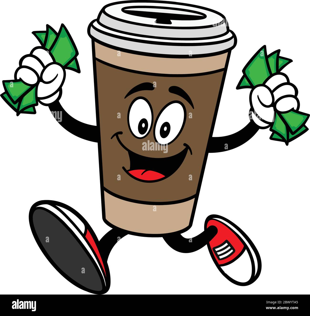 Kaffee-Maskottchen läuft mit Geld - EINE Karikatur Illustration eines Kaffee-Maskottchen läuft mit Geld. Stock Vektor