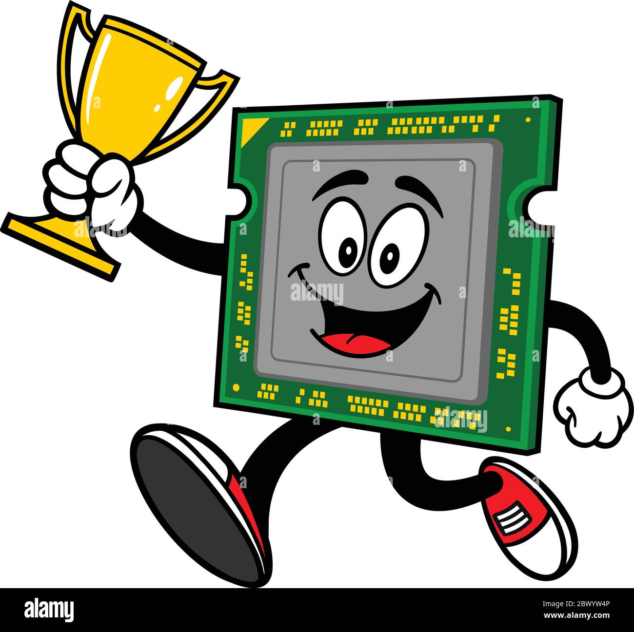 Computerprozessor läuft mit einer Trophäe- EINE Cartoon-Illustration eines Computerprozessors läuft mit einer Trophäe. Stock Vektor