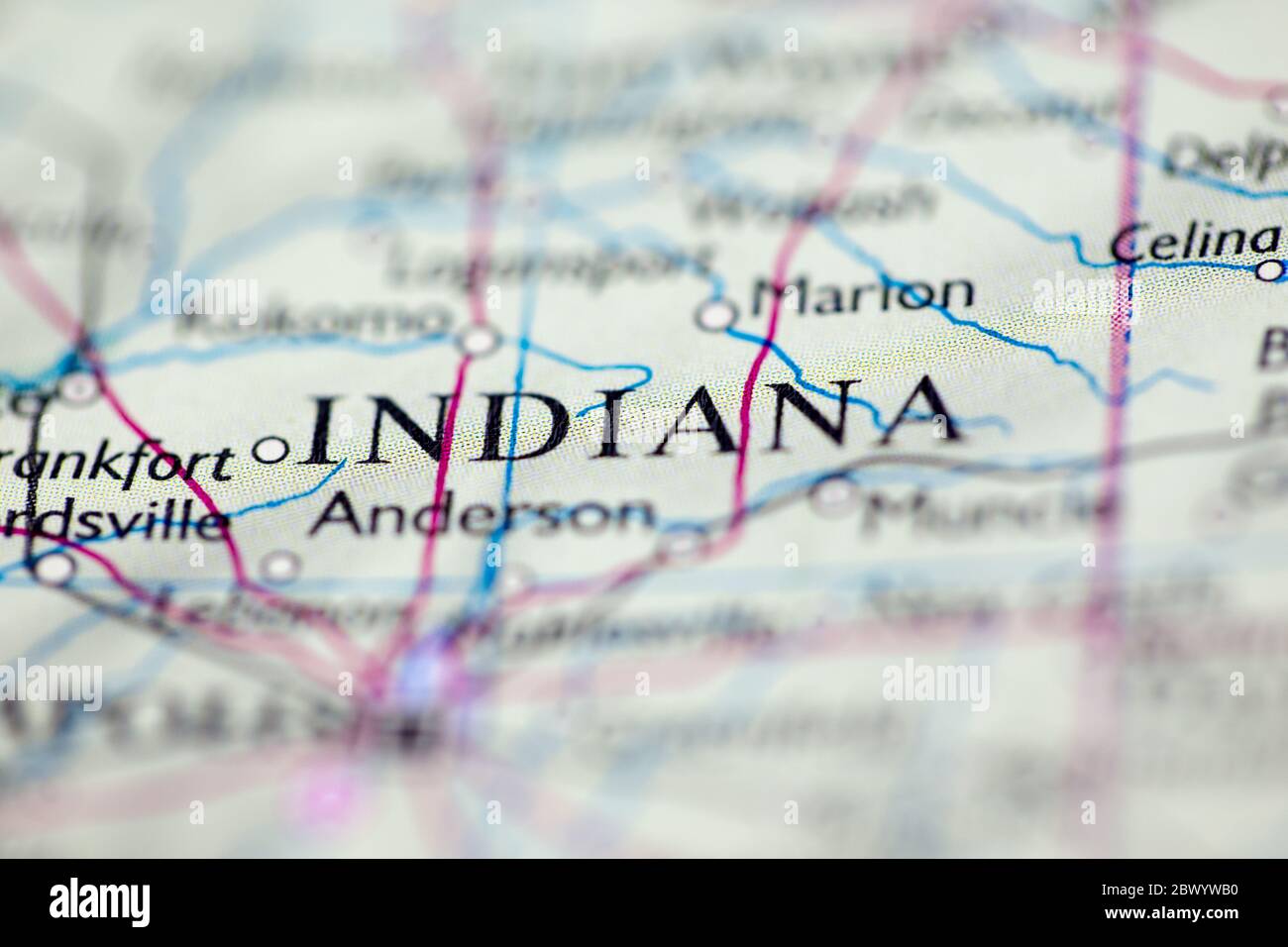 Geringe Schärfentiefe Fokus auf geographische Kartenposition von Indiana Vereinigte Staaten von Amerika USA Kontinent auf Atlas Stockfoto