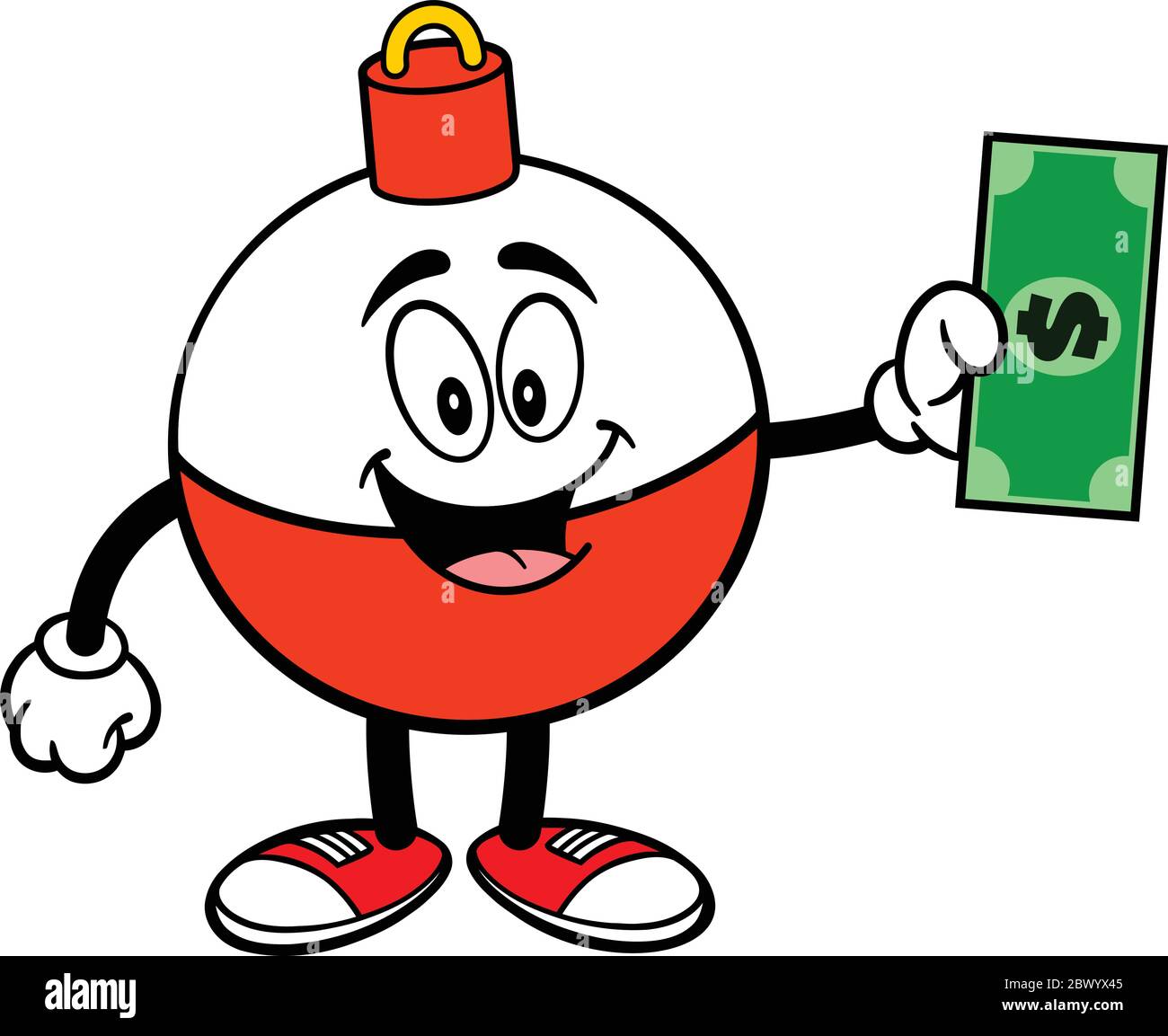 Angeln Bobber Maskottchen mit Dollar- EINE Cartoon-Illustration eines Angeln Bobber Maskottchen mit einem Dollar. Stock Vektor