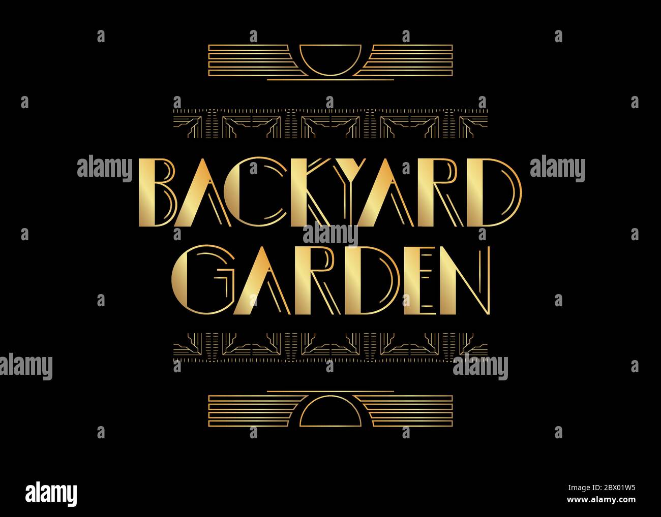 Art déco-Garten im Garten. Dekorative Grußkarte, Schild mit Vintage-Buchstaben. Stock Vektor