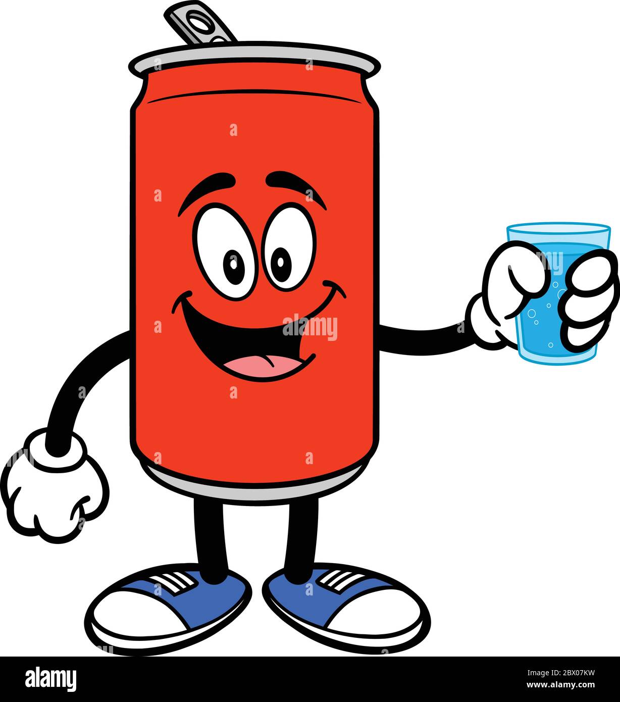 Soda Dose Maskottchen mit Wasser- A Cartoon Illustration einer Soda Dose mit einem Glas Wasser. Stock Vektor