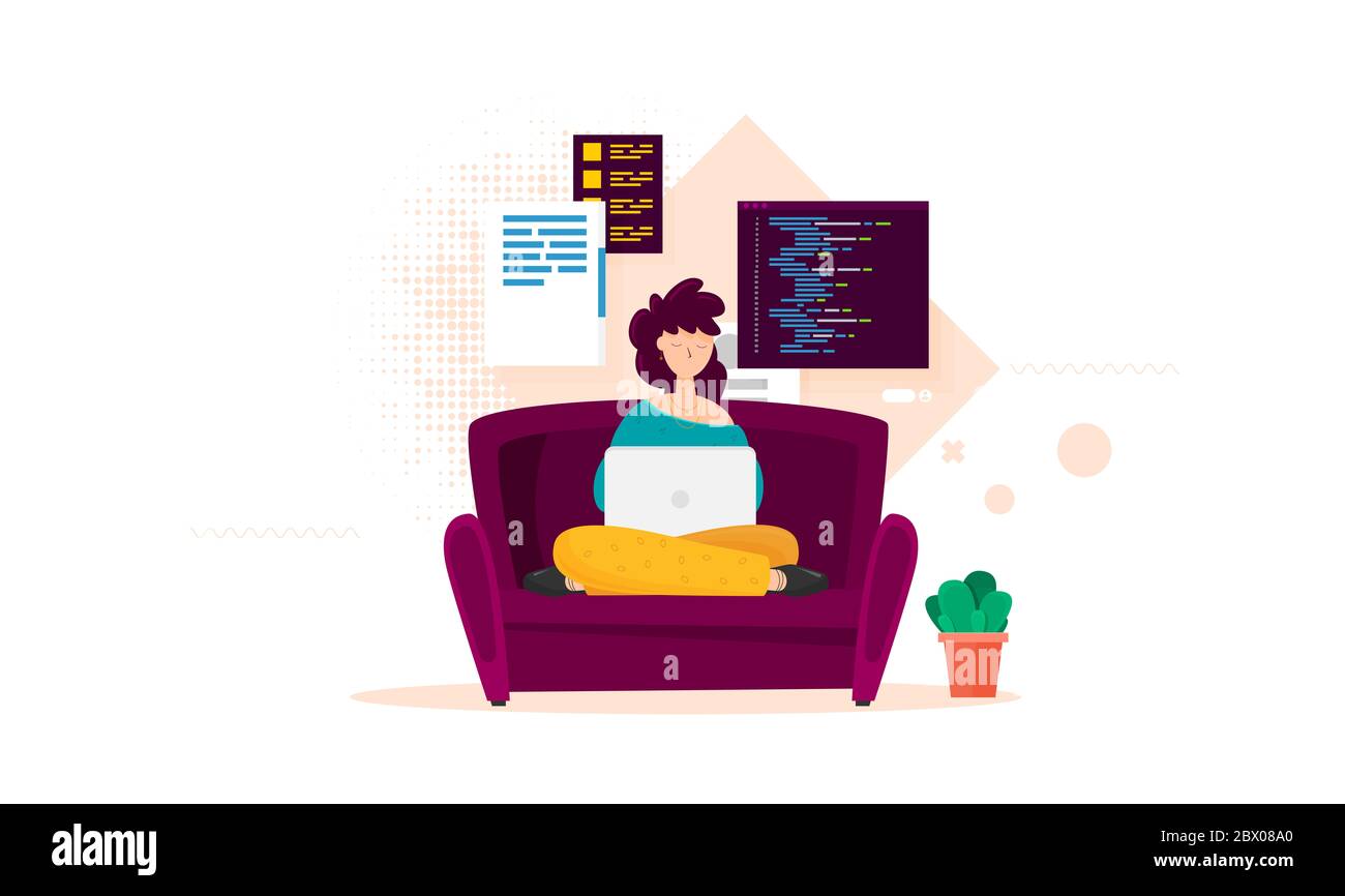 Die Frau arbeitet an dem flachen Vektor der Entwicklung Stockfoto