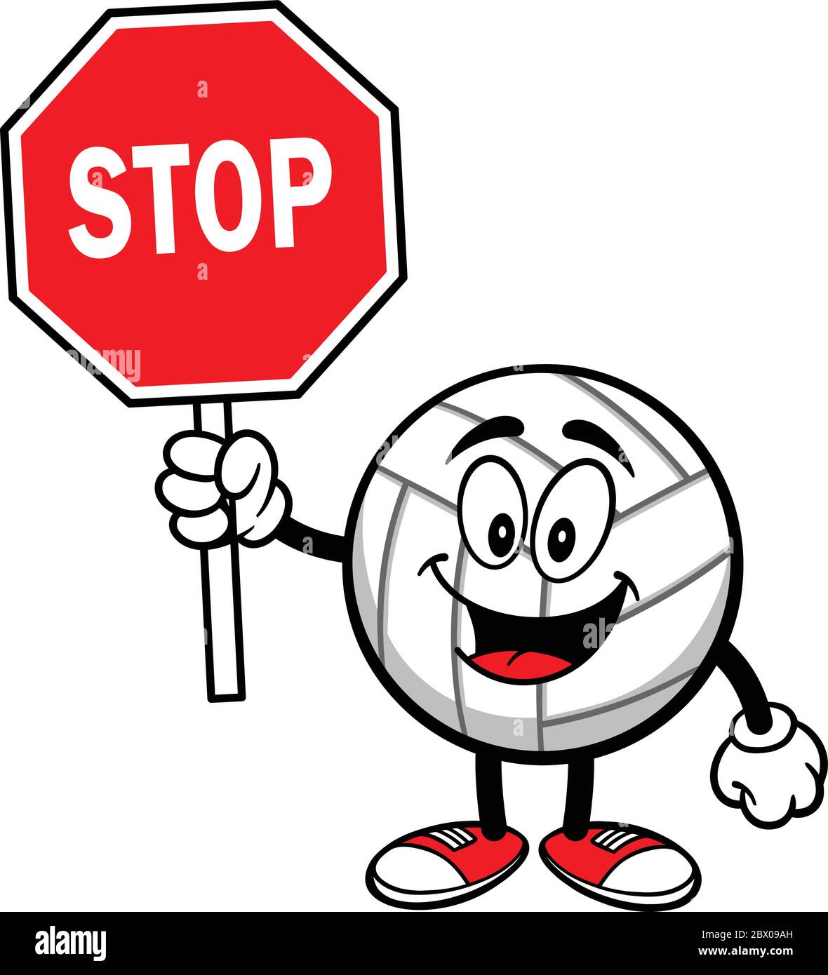 Volleyball Maskottchen mit einem Stop-Zeichen- EINE Cartoon Illustration eines Volleyball Maskottchen mit einem Stop-Zeichen. Stock Vektor