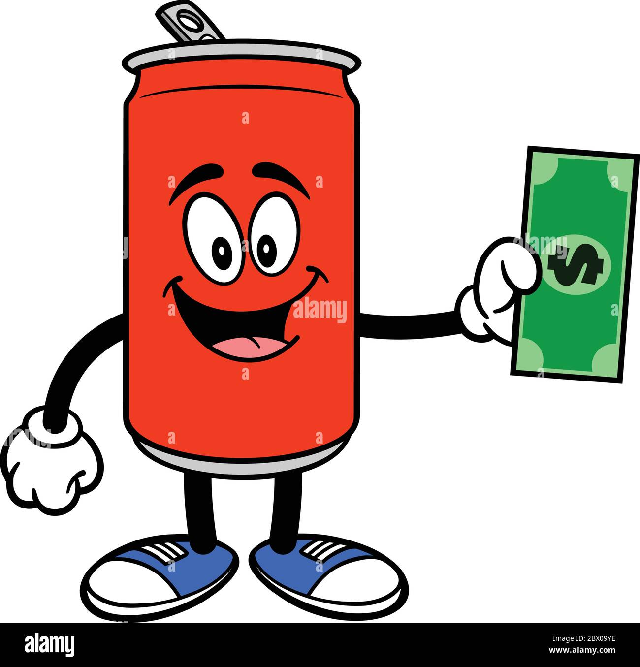 Soda Dose Maskottchen mit Dollar- EINE Cartoon Illustration eines Soda Dose Maskottchen mit einem Dollar. Stock Vektor
