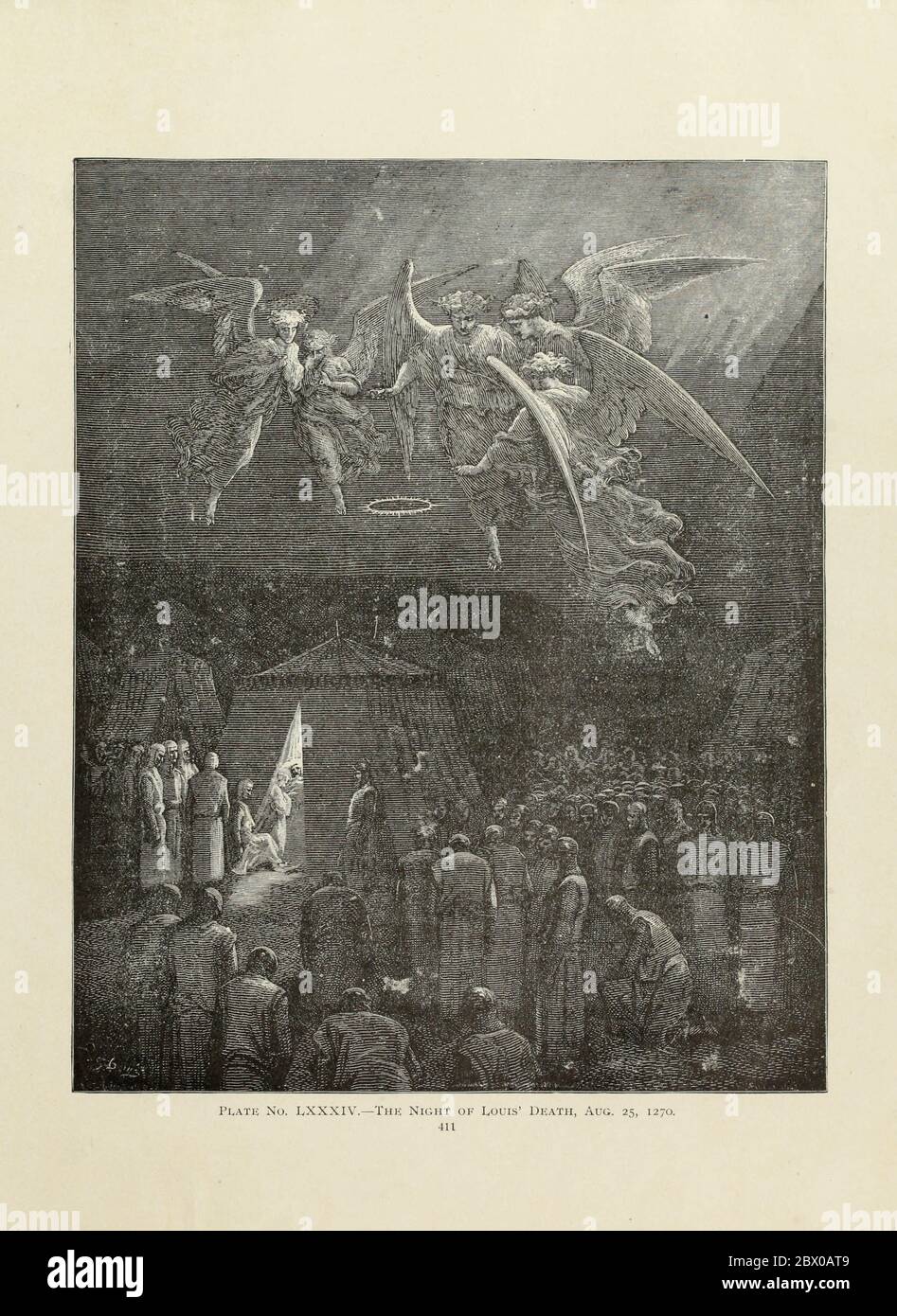 Die Nacht des Todes von Louis Aug 25 1270 Platte LXXXIV aus dem Buch Geschichte der Kreuzzüge. Mit einer großartigen Galerie von hundert ganzseitigen Stichen des weltberühmten Künstlers Gustave Doré [Gustave Dore] von Boyd, James P. (James Penny), 1836-1910. Veröffentlicht in Philadelphia 1892 Stockfoto
