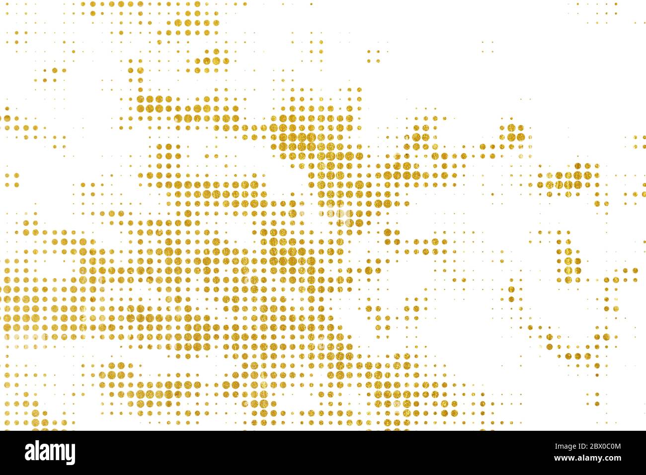 Goldfarbenes, grunzfarbenes Halbtondesign. Abstraktes Texturmuster aus goldenen Punkten auf weißem Hintergrund Stockfoto