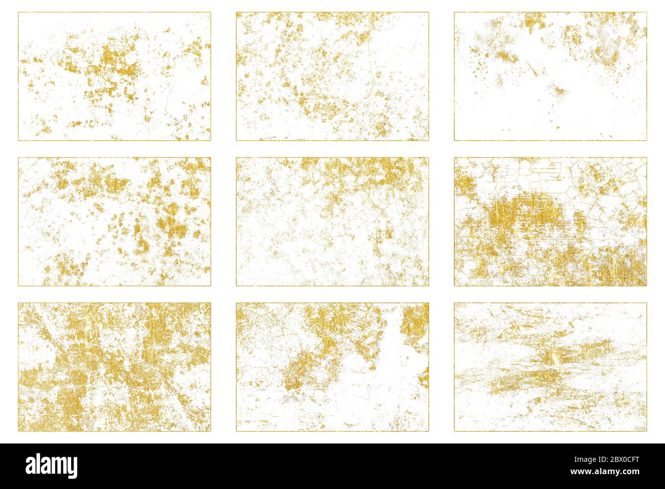 Sammlung von Golden glänzend, Distress, Schmutz Textur. Grunge Hintergrunddarstellung. Stockfoto