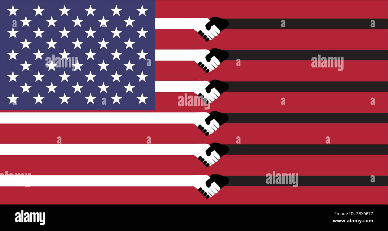 Die Flagge der Vereinigten Staaten von Amerika hat einen weißen und schwarzen Streifen, der das Handshake-Symbol für Versöhnung / Hoffnung auf Rassismus in Amerika Wil zeigt Stock Vektor