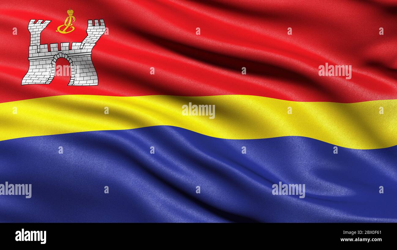 Flagge des Kaliningrader Gebiets winkt im Wind. 3D-Darstellung. Stockfoto