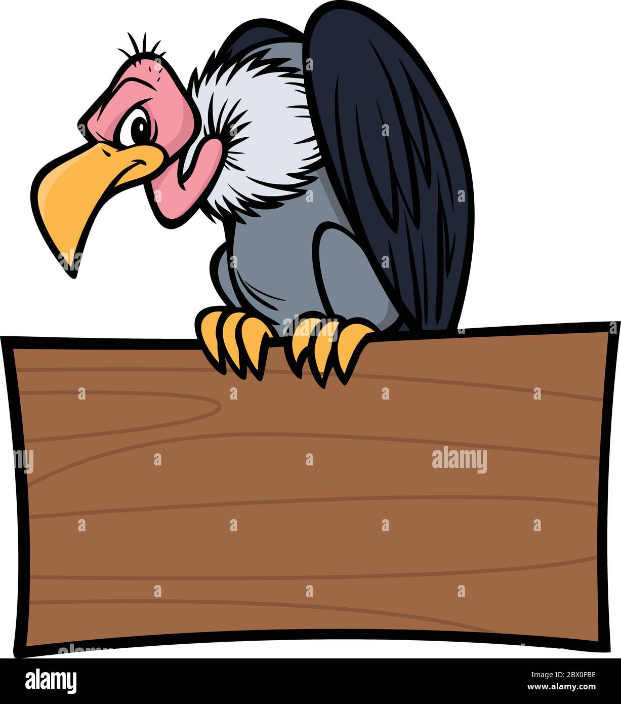 Geier mit Zeichen - EINE Karikatur-Illustration eines Geiers sitzt auf einem Holzschild. Stock Vektor