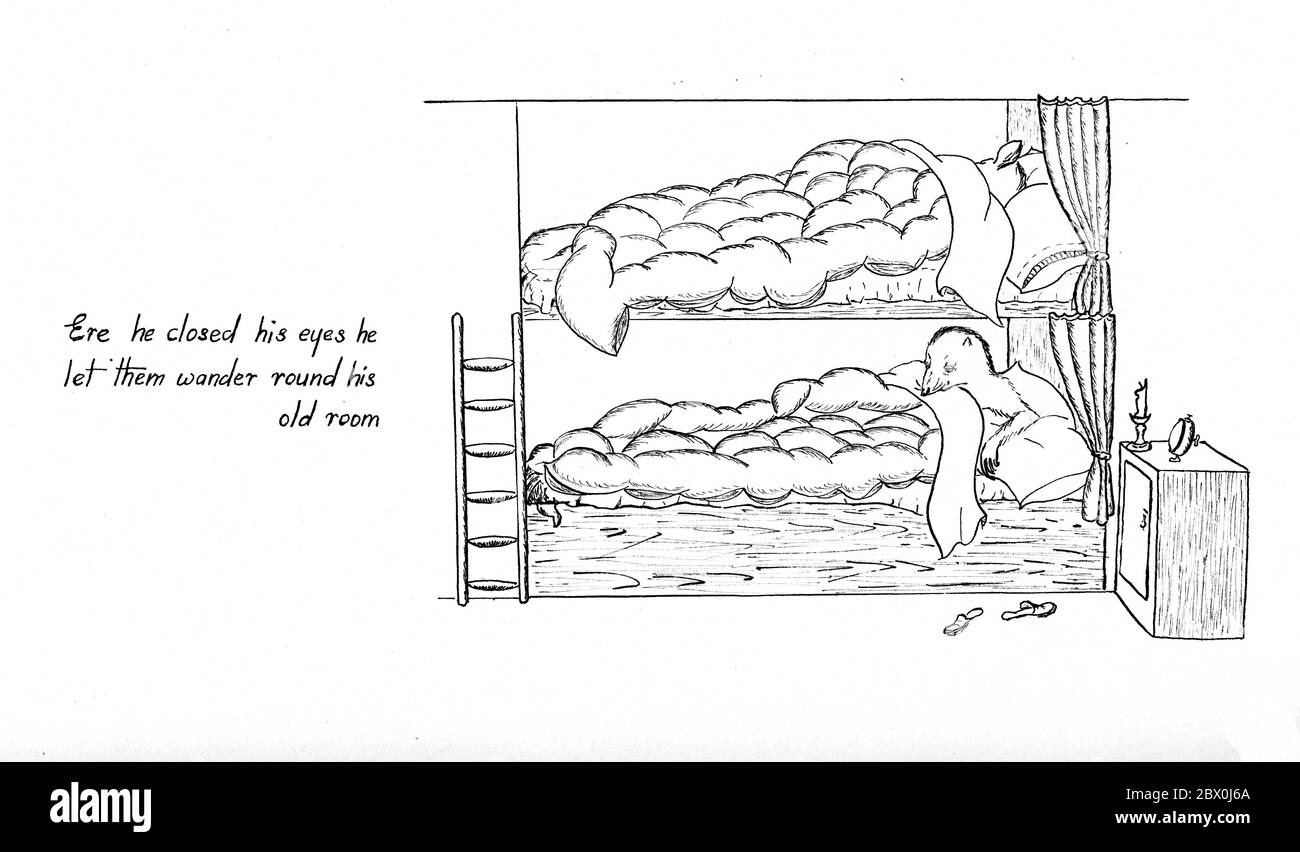 "Der müde Maulwurf war auch froh, sich unverzüglich einzufinden, und hatte bald seinen Kopf auf seinem Kissen, in großer Freude und Zufriedenheit. Doch bevor er seine Augen schloss, ließ er sie in seinem alten Zimmer umherwandern, im Schein des Feuers, der auf vertrauten und freundlichen Dingen spielte oder ruhte.' - Original unveröffentlichte Federzeichnung/Skizze von Autorin Elizabeth Ince (1927-1972) zur Illustration von Kenneth Grahames Wind in the Willows Stockfoto