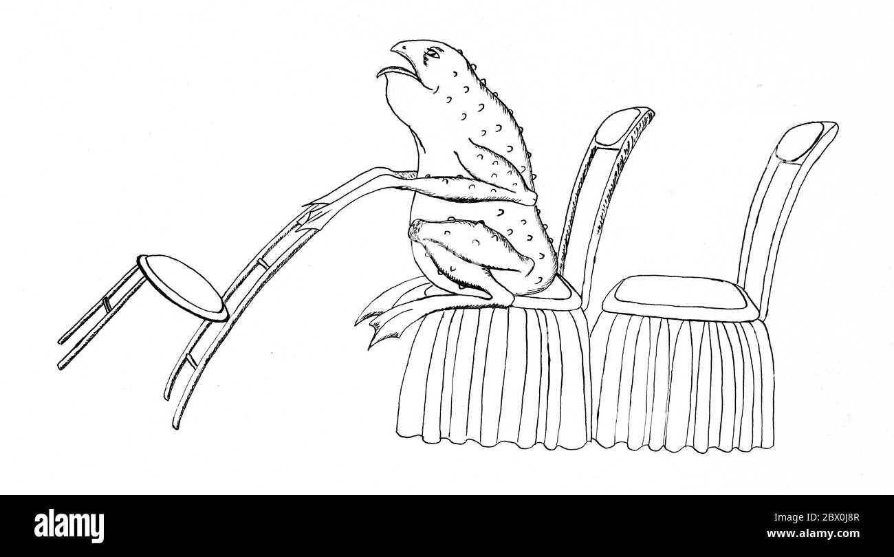 '...er würde Schlafsessel in unhöflicher Ähnlichkeit mit einem Auto arrangieren und sich auf die vorderste von ihnen kauern, sich nach vorne beugen und starrend nach vorne starren, unhöfliche und grausige Geräusche machen...' - Original unveröffentlichte Federzeichnung/Skizze von Autorin Elizabeth Ince (1927-1972) zur Illustration von Kenneth Grahames Wind in the Willows Stockfoto
