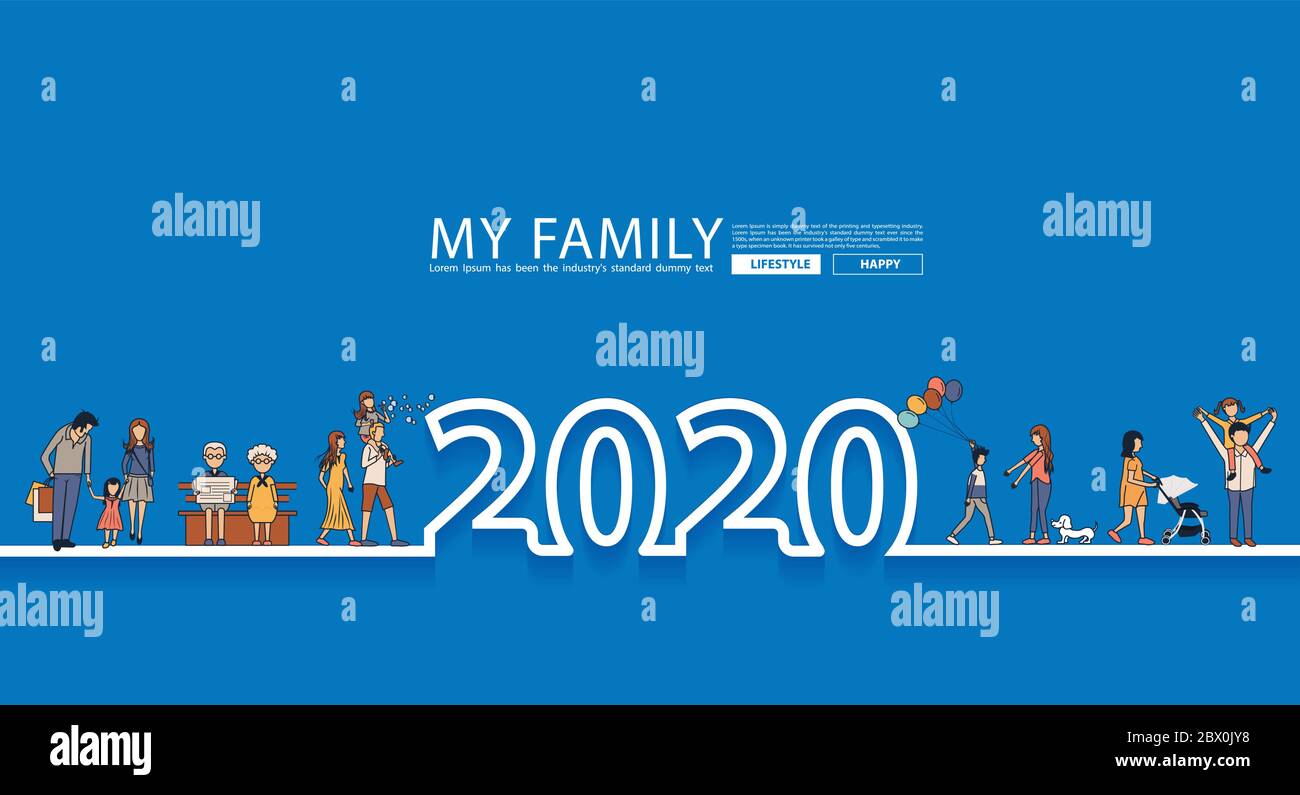 Happy family fun 2020 New year life style idea Konzept in line Text Design, Vektor-Illustration modernes Cover-Page Layout Vorlage Stock Vektor