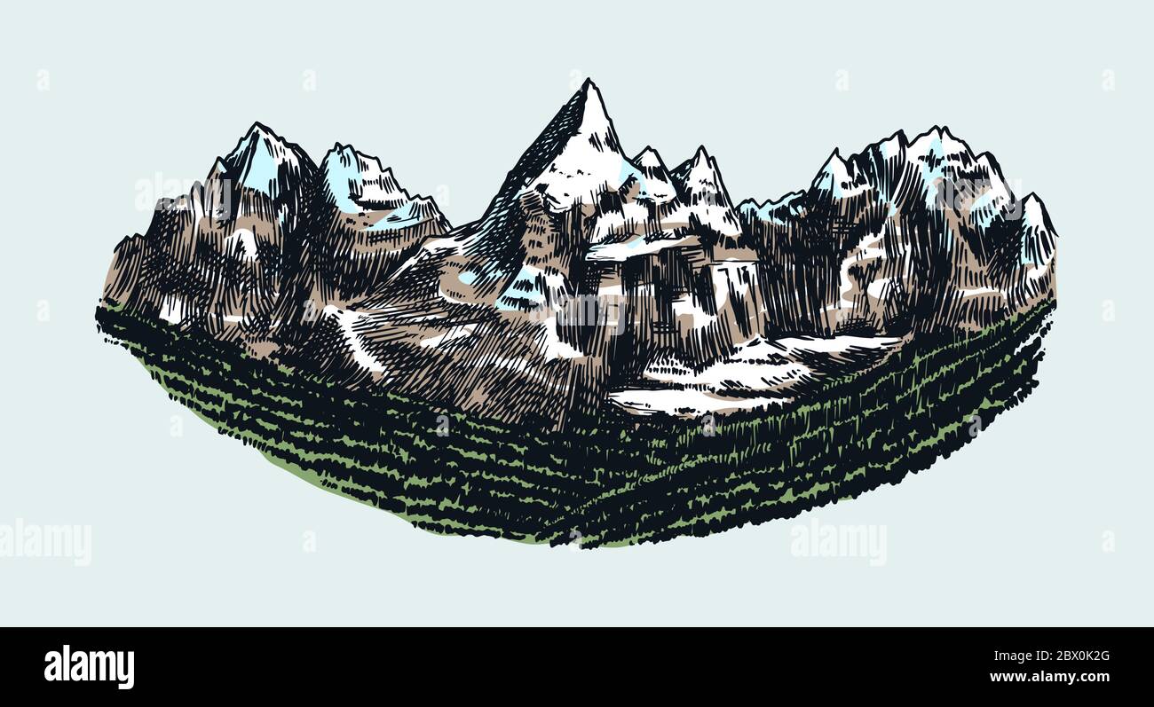 Berggipfel, Vintage Rock, alte Hochlandkette. Chamonix-Mont-Blanc. Handgezeichneter Vektor Alpen Skizze im gravierten Stil. Vektorgrafik für Stock Vektor