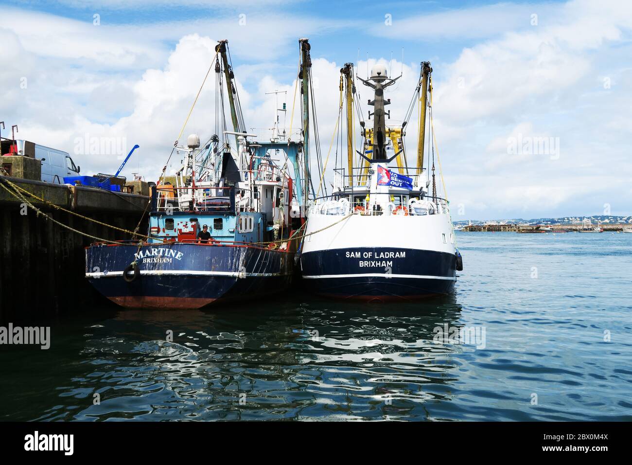 Angelboote in Brixham, Großbritannien. Stockfoto