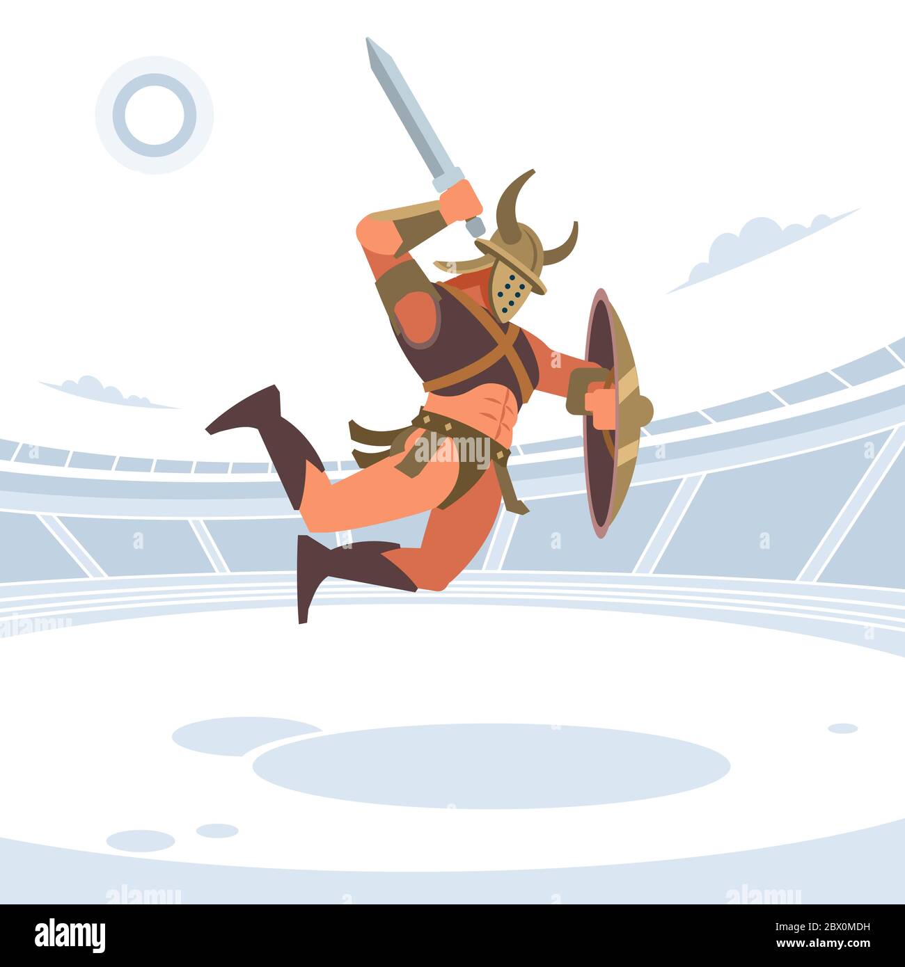 Spartaner kämpfen in der Arena der Gladiatoren. Gladiator mit Schild schlägt ein Schwert auf die Spitze. Isolierte Vektordarstellung. Flacher Stil Stock Vektor