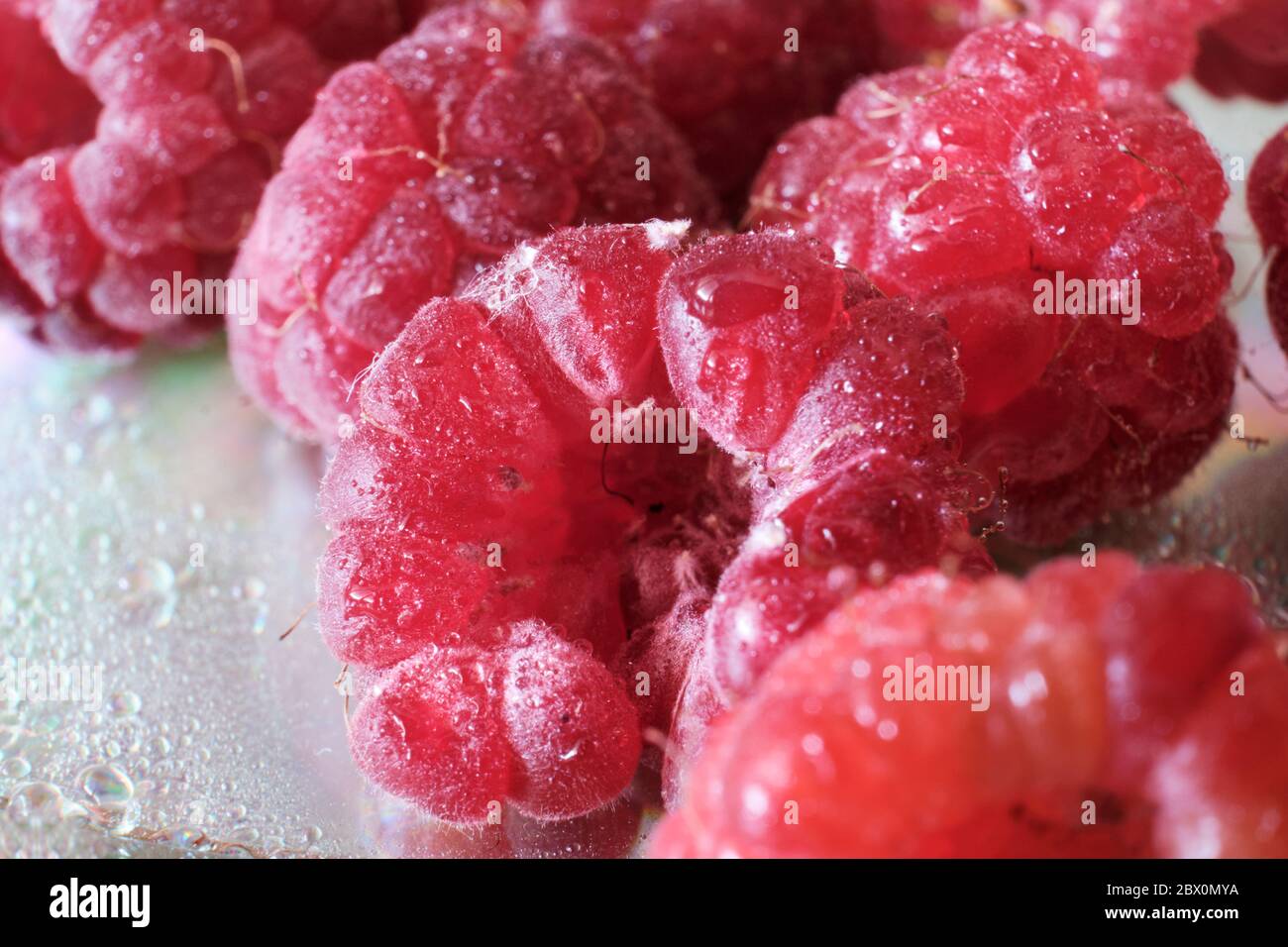 Nahaufnahme einer Gruppe von nassen Himbeeren Stockfoto