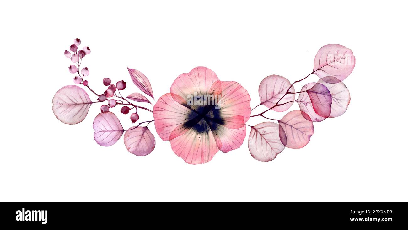 Aquarell Blumenarrangement. Horizontales Designelement. Abstrakte Mohn Blume mit Ästen und Beeren auf weiß. Botanische Illustration für Karten Stockfoto