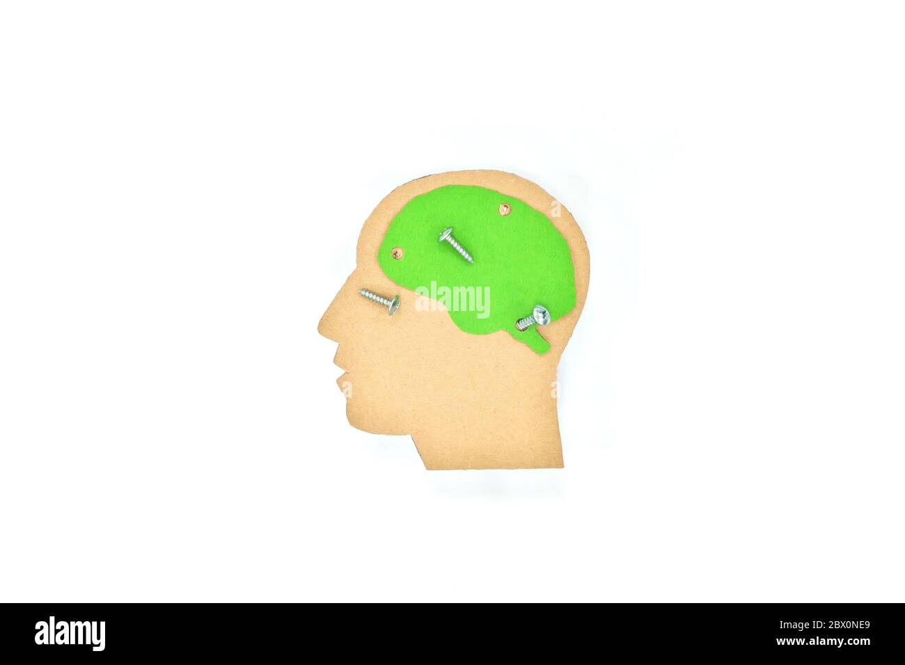 Psychische Gesundheit Krankheit, ptbs, Störung, Trauma, Psychose, Wahnsinn und Problemkonzept. Menschliches Kopfprofil mit losem Schneckengehirn. Stockfoto