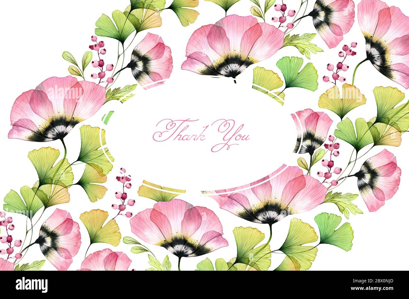 Aquarell floralen Hintergrund. Große Feldblumen, Tulpen, Gingko-Blätter. Horizontale Dankeskarte mit Platz für benutzerdefinierten Text Stockfoto