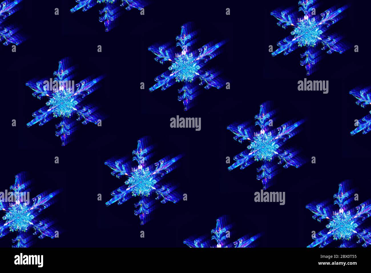 Muster mit verflochteten Schneeflocken mit digitalem Glitch- und Verzerrungseffekt auf dunkelblauem Hintergrund. Futuristisches Cyberpunk-Design. Retro Futurismus, Web Stockfoto