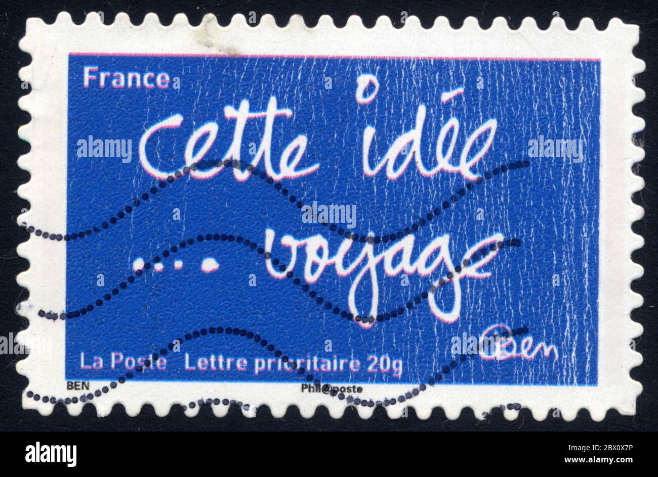 Timbre oblitéré Cette idée ... Voyage. Frankreich. La Poste. Lettre prioritaire 20 g Stockfoto