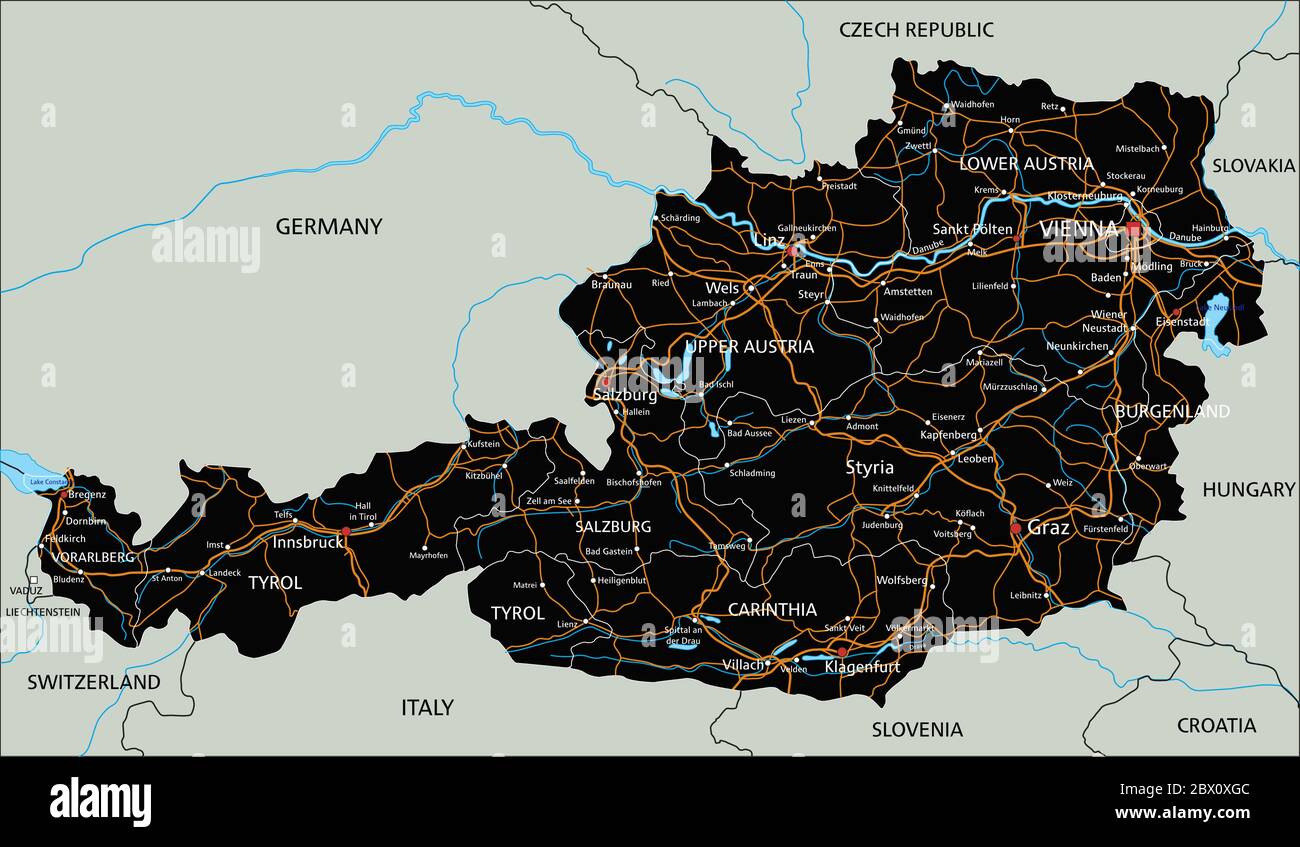 Detaillierte Österreich-Straßenkarte mit Kennzeichnung. Stock Vektor