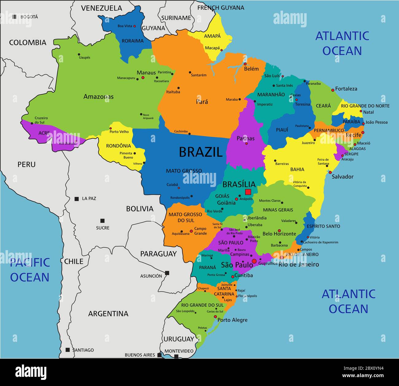 Bunte politische Landkarte Brasiliens mit klar gekennzeichneten, getrennten Schichten. Vektorgrafik. Stock Vektor