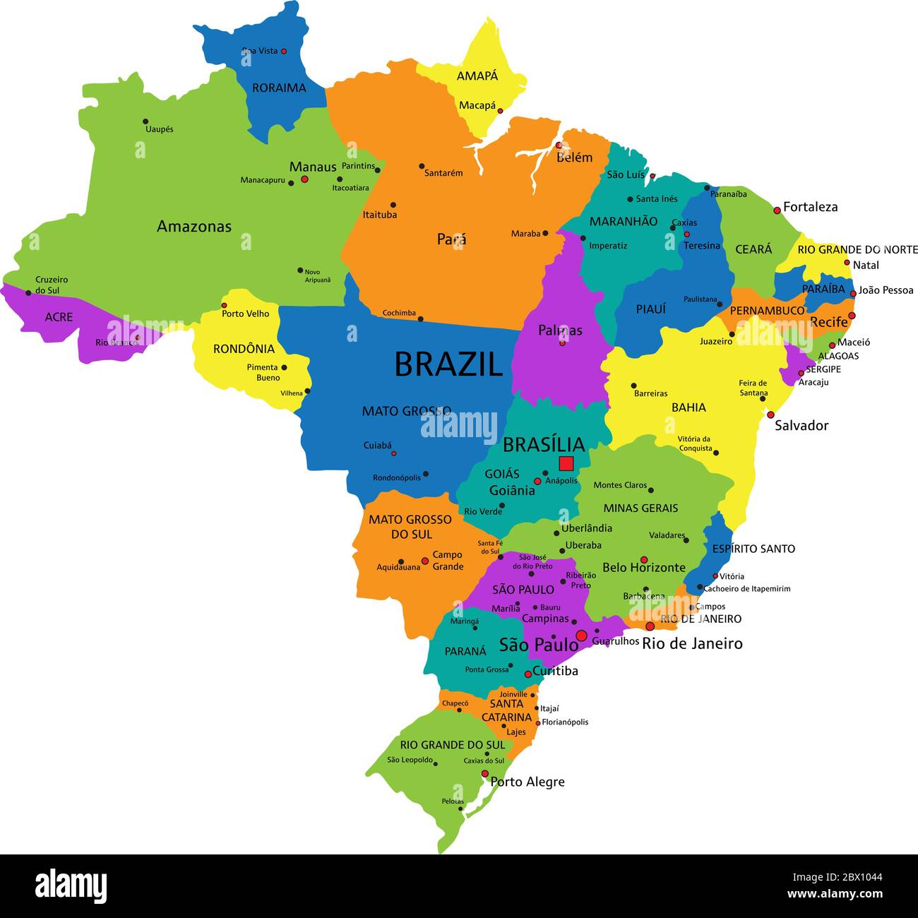 Bunte politische Landkarte Brasiliens mit klar gekennzeichneten, getrennten Schichten. Vektorgrafik. Stock Vektor