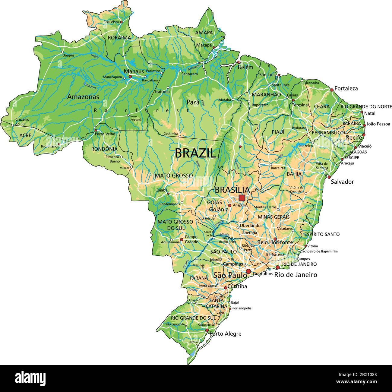 Detaillierte Brasilien physikalische Karte mit Beschriftung. Stock Vektor