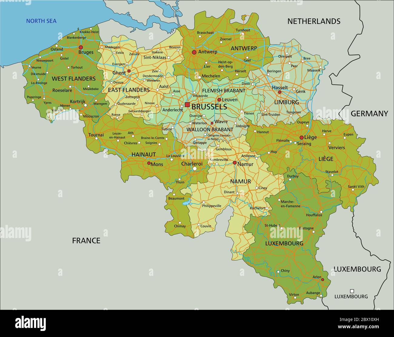 Sehr detaillierte editierbare politische Karte mit getrennten Ebenen. Belgien. Stock Vektor