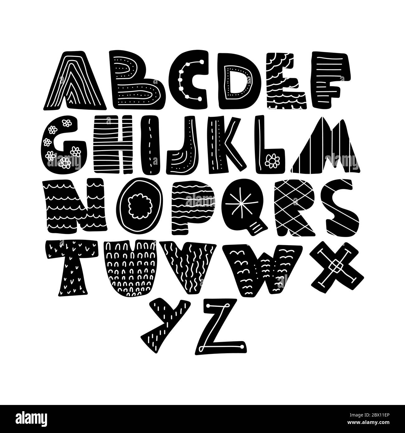 Alphabet Hand gezeichnete Buchstaben Schriftart im Folk nordic Stock Vektor
